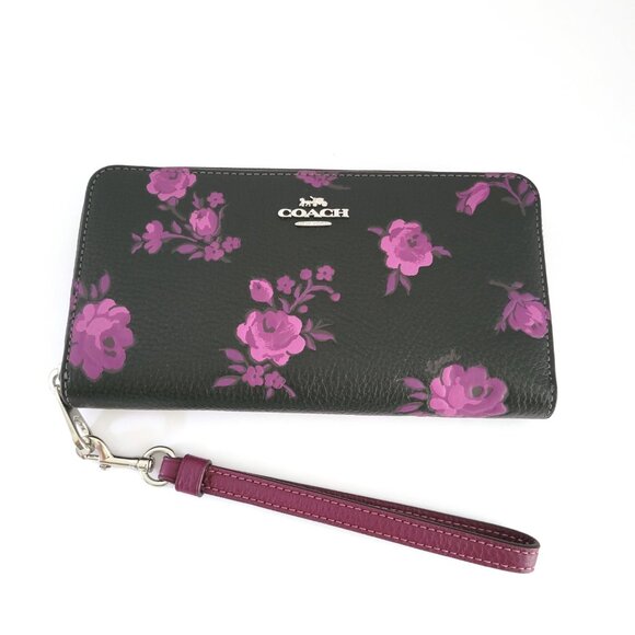 Coach CCL36 Long Zip Around Wallet Floral Print Pebbled Leather Black Purple - Picture 4 of 7